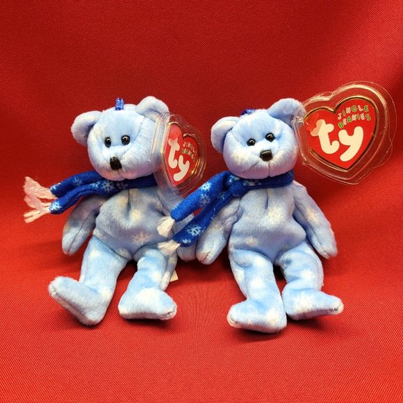 1999 Holiday Teddy The Blue Bear Ty Jingle Beanies Plush Ornament Set of 2 - Picture 1 of 13